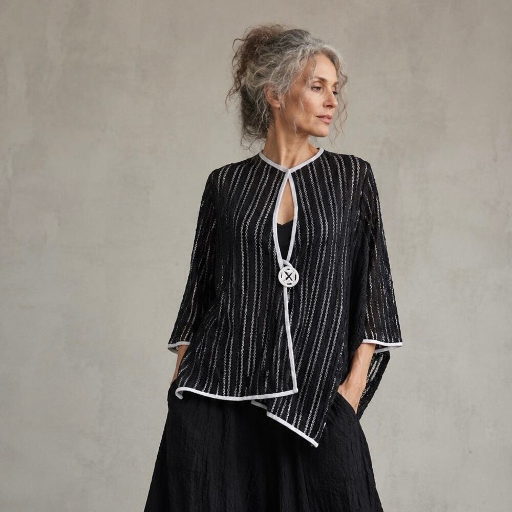 IC Collection by Connie K Black Sheer Stripe Lagenlook Tunic Jacket Top Sz Small